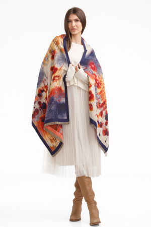 Eșarfe tip Cashmere - Esarfa din lana si bumbac cu imprimeu vibrant maci rosii cu bej si bleumarin