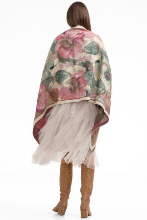 Esarfa din lana si bumbac cu imprimeu floral roz inchis si bej [1]