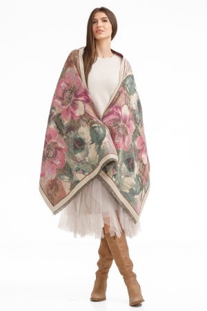 Eșarfe tip Cashmere - Esarfa din lana si bumbac cu imprimeu floral roz inchis si bej