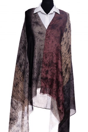 Esarfa din vascoza cu joc de linii si forme geometrice in nuante de corai, galben si gri [2]