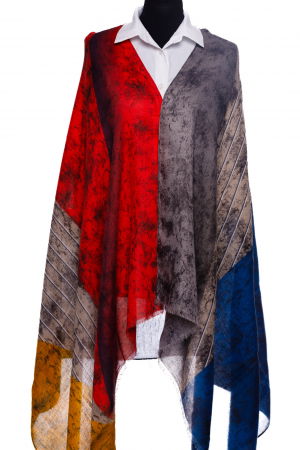ACCESORII DAMĂ - Esarfa din vascoza cu joc de linii si forme geometrice in nuante de corai, galben si gri