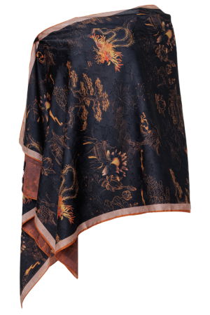 Eșarfe din Mătase - Esarfa dreptunghiulara cu doua fete, din matase, cu imprimeu oriental cu lotusi in nuante galben auriu
