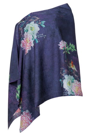 Eșarfe din Mătase - Esarfa dreptunghiulara cu doua fete, din matase, cu imprimeu floral pe fond mov