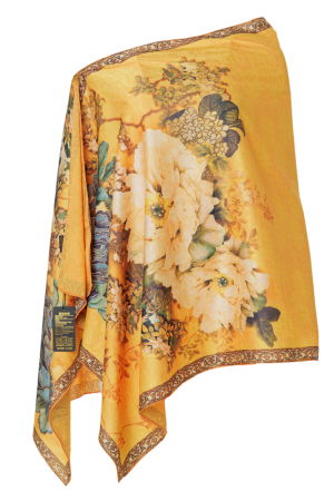 Eșarfe din Mătase - Esarfa dreptunghiulara cu doua fete, din matase, cu imprimeu floral pastelat in nuante de mov si galben auriu