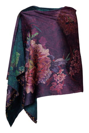 Eșarfe din Mătase - Esarfa dreptunghiulara cu doua fete, din matase, cu imprimeu floral pe fond mov si verde
