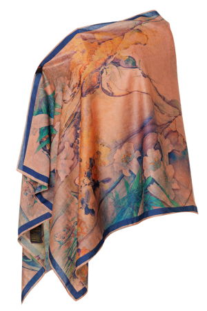 Eșarfe din Mătase - Esarfa dreptunghiulara cu doua fete, din matase, cu imprimeu floral pastelat in nuante de mov si portocaliu