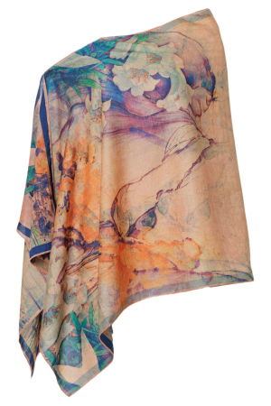 Esarfa dreptunghiulara cu doua fete, din matase, cu imprimeu floral pastelat in nuante de mov si portocaliu [1]