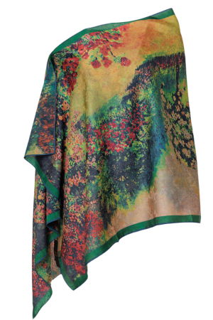 Eșarfe din Mătase - Esarfa dreptunghiulara cu doua fete, din matase, cu imprimeu vegetal in nuante de verde, rosu si galben auriu