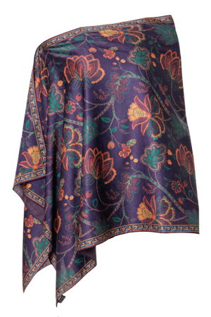 Eșarfe din Mătase - Esarfa dreptunghiulara cu doua fete, din matase, cu imprimeu floral pe fond mov inchis