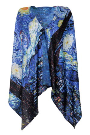 Eșarfe din Mătase - Esarfa dreptunghiulara premium cu doua fete, din matase, dupa pictura celebra a lui Van Gogh "Noapte Instelata"