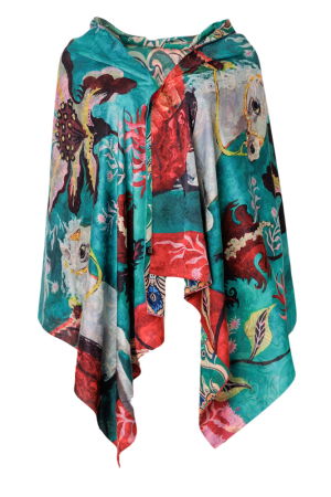 Eșarfe din Mătase - Esarfa dreptunghiulara premium cu doua fete, din matase, cu imprimeu cal alb pe fond turcoaz