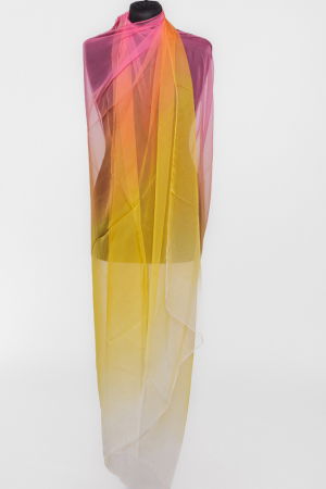 Eșarfe din Mătase - Esarfa dreptunghiulara tip pareo, cu dungi late roz, galben si portocaliu