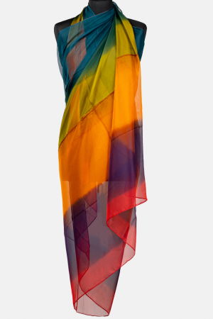 Eșarfe din Mătase - Esarfa dreptunghiulara tip pareo, cu dungi late rosu, albastru, galben mustar, din matase si vascoza