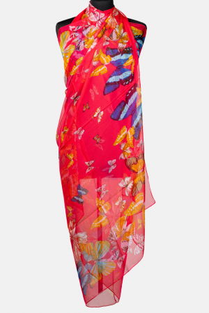 PLAJĂ SI VACANȚĂ - Esarfa dreptunghiulara tip pareo, cu fluturi pe fond fucsia, din matase si vascoza