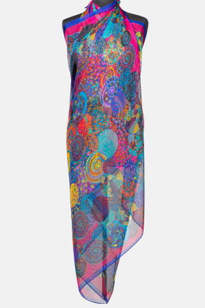 Eșarfe din Mătase - Esarfa dreptunghiulara tip pareo, cu imprimeu mandale multicolore margine albastra si fucsia, din matase si vascoza