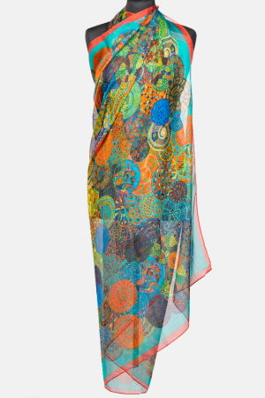 Eșarfe din Mătase - Esarfa dreptunghiulara tip pareo, cu imprimeu mandale multicolore margine corai si turcoaz, din matase si vascoza