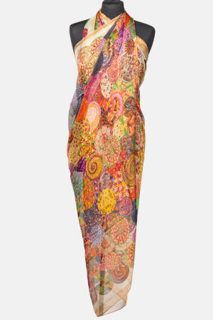 Eșarfe din Mătase - Esarfa dreptunghiulara tip pareo, cu imprimeu mandale multicolore margine maron si bej, din matase si vascoza