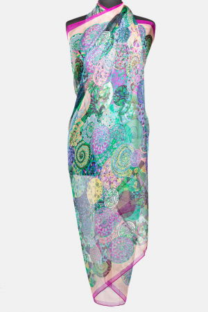 Eșarfe din Mătase - Esarfa dreptunghiulara tip pareo, cu imprimeu mandale multicolore margine mov si roz, din matase si vascoza