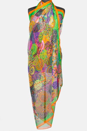 Eșarfe din Mătase - Esarfa dreptunghiulara tip pareo, cu imprimeu mandale multicolore margine portocalie si verde, din matase si vascoza