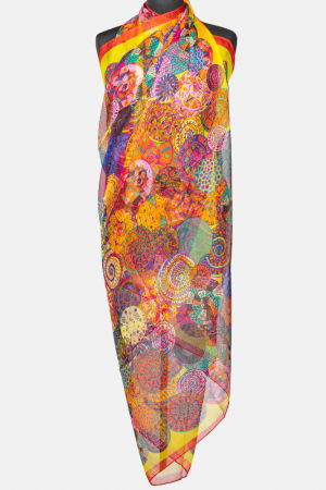 Eșarfe din Mătase - Esarfa dreptunghiulara tip pareo, cu imprimeu mandale multicolore margine rosie si galbena, din matase si vascoza