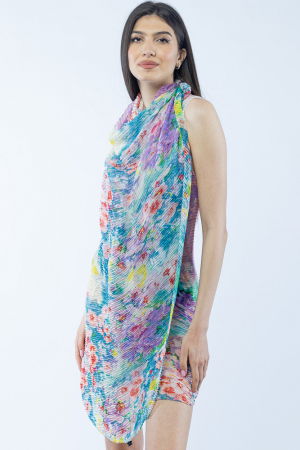 Pareo plaja din material plisat matasos si usor, motive florale albastre si mov [1]