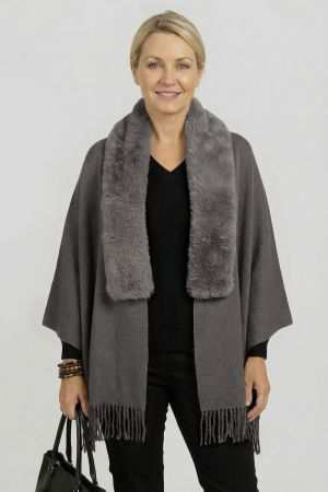 ACCESORII DAMĂ - Eșarfă eleganta cu blăniță ecologică pe centru și franjuri, gri