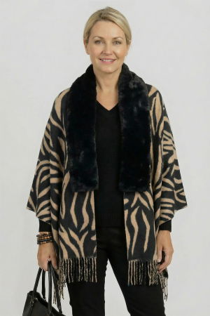 Eșarfe tip Cashmere - Eșarfă eleganta cu blăniță ecologică pe centru și franjuri decorativi, imprimeu negru si camel