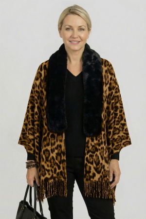 Eșarfe tip Cashmere - Eșarfă eleganta cu blăniță ecologică pe centru și franjuri, imprimeu animal print negru si camel