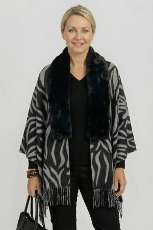 Eșarfe tip Cashmere - Eșarfă eleganta cu blăniță ecologică pe centru și franjuri decorativi, imprimeu negru si gri