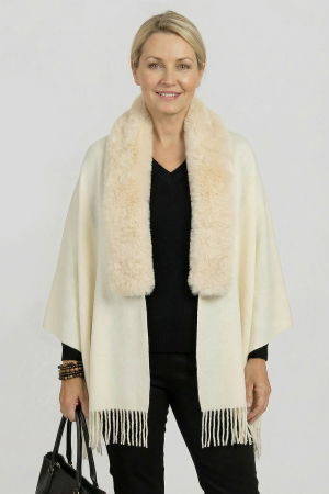 Eșarfe din Vâscoză - Eșarfă eleganta cu blăniță ecologică pe centru și franjuri, ivory