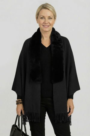 ACCESORII DAMĂ - Eșarfă eleganta cu blăniță ecologică pe centru și franjuri, neagra