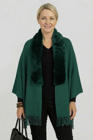 ACCESORII DAMĂ - Eșarfă eleganta cu blăniță ecologică pe centru și franjuri, verde inchis