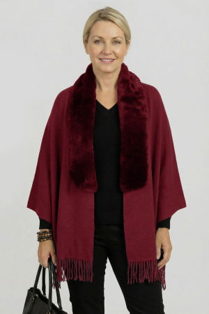 ACCESORII DAMĂ - Eșarfă eleganta cu blăniță ecologică pe centru și franjuri, bordo