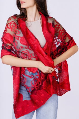 Eșarfe din Vâscoză - Esarfa eleganta cu motive florale rosii pe voal fin negru