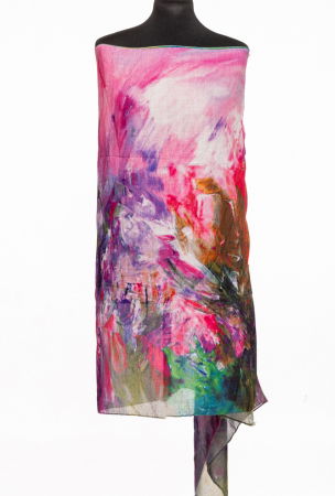ACCESORII DAMĂ - Esarfa fina din bumbac cu impriemeu pictural fucsia, mov si verde