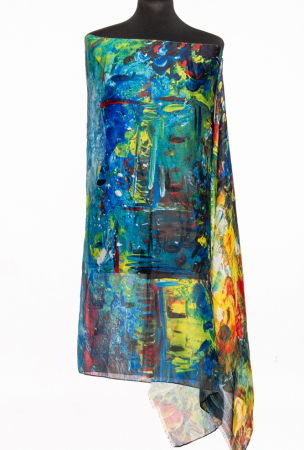 Eșarfe din Bumbac - Esarfa fina din bumbac cu impriemeu pictural albastru, galben si rosu
