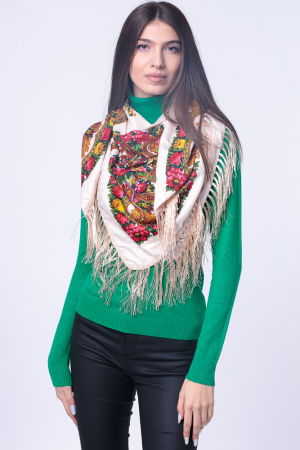 Esarfa gipsy patrata mare, tip Pavlovo Posad cu imprimeu floral traditional pe fond alb [2]