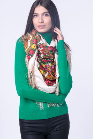 Esarfa gipsy patrata mare, tip Pavlovo Posad cu imprimeu floral traditional pe fond alb [1]