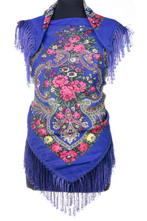 Eșarfe din Vâscoză - Esarfa gipsy patrata mare, tip Pavlovo Posad cu imprimeu floral traditional pe fond albastru