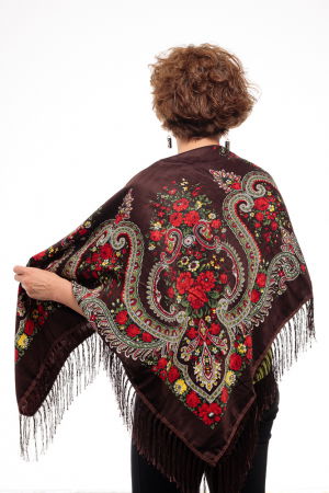 Esarfa gipsy patrata mare, tip Pavlovo Posad cu imprimeu floral traditional pe fond maroniu [2]