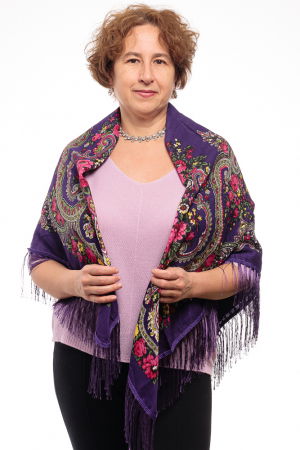 Esarfa gipsy patrata mare, tip Pavlovo Posad cu imprimeu floral traditional pe fond mov [1]