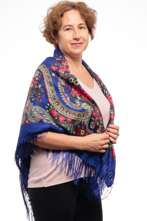 Esarfa gipsy patrata mare, tip Pavlovo Posad cu imprimeu floral traditional pe fond albastru [2]