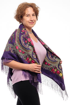 Esarfa gipsy patrata mare, tip Pavlovo Posad cu imprimeu floral traditional pe fond mov [3]