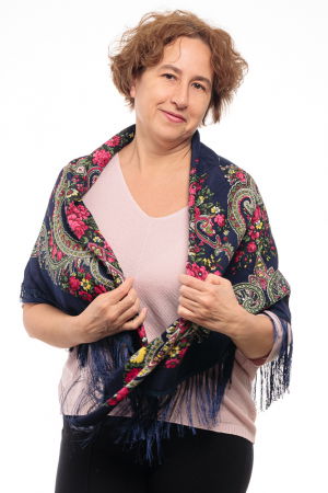 Esarfa gipsy patrata mare, tip Pavlovo Posad cu imprimeu floral traditional pe fond bleumarin inchis [1]