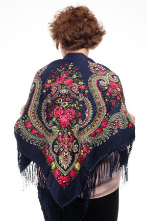 Esarfa gipsy patrata mare, tip Pavlovo Posad cu imprimeu floral traditional pe fond bleumarin inchis [2]