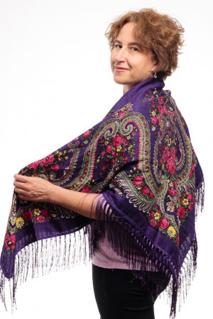 Esarfa gipsy patrata mare, tip Pavlovo Posad cu imprimeu floral traditional pe fond mov [2]