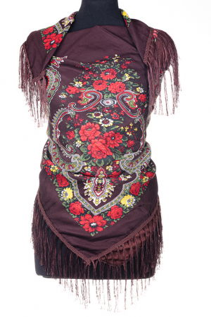 Eșarfe din Vâscoză - Esarfa gipsy patrata mare, tip Pavlovo Posad cu imprimeu floral traditional pe fond maroniu
