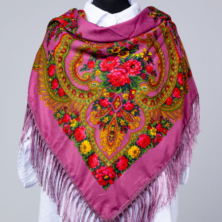 Eșarfe din Vâscoză - Esarfa gipsy patrata mare, tip Pavlovo Posad cu imprimeu floral traditional pe fond roz inchis