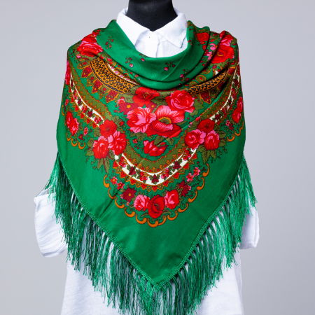 Eșarfe din Vâscoză - Esarfa gipsy patrata mare, tip Pavlovo Posad cu imprimeu floral traditional pe fond verde