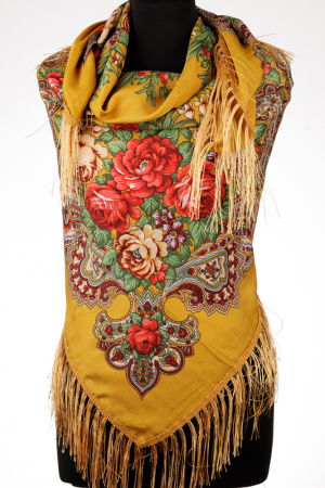 Eșarfe din Vâscoză - Esarfa gipsy patrata mare, tip Pavlovo Posad cu trandafiri pe fond galben mustar